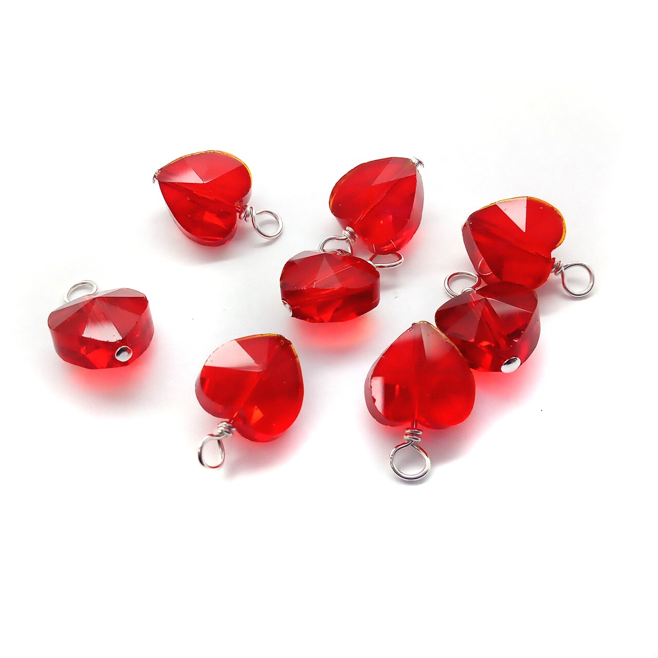 Glass Heart Bead Charms with Silver-Plated Wire, 8 or 10 pcs, Valentine's Day Charms, Adorabilities